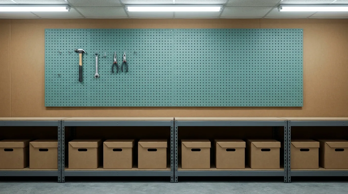 Setting up bookkeeping for a small business: a row of plain storage boxes on a shelf beneath a pegboard in a tidy stockroom