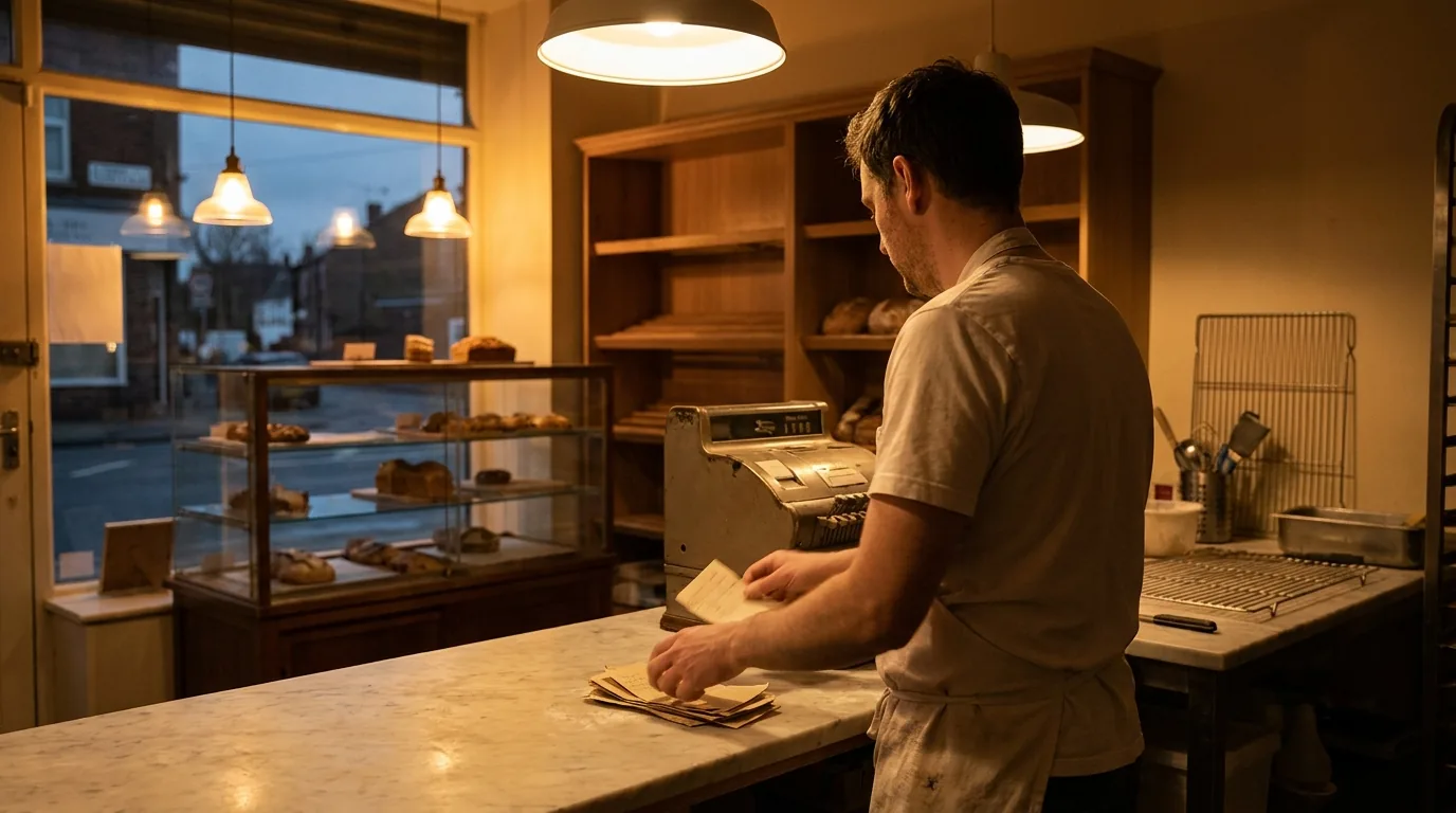 Bookkeeping for small business: a bakery owner sorting the day's receipts at the counter after closing