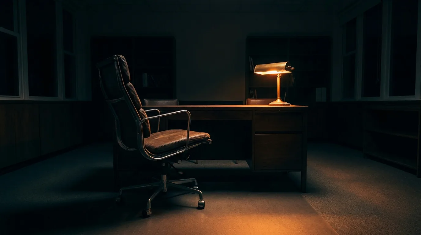 Signs you have outgrown bookkeeping in Excel: an office chair pushed back from a desk lit by a single lamp late at night
