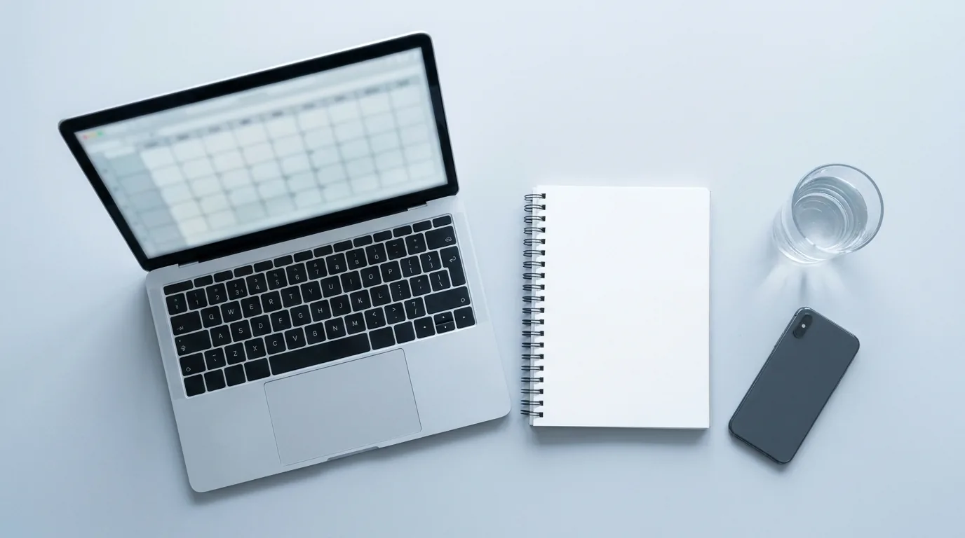 Bookkeeping in Excel: a laptop showing a spreadsheet grid on a desk with a notebook and phone