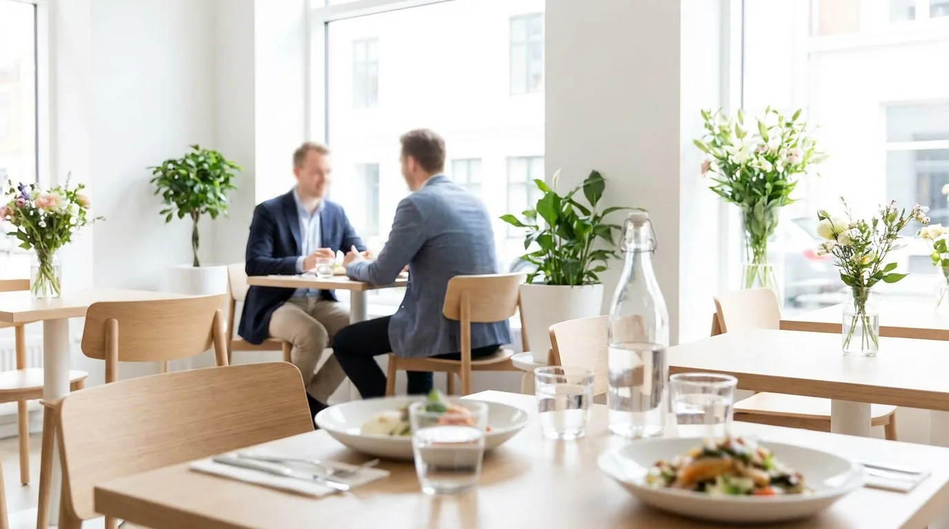 Business meals deduction: two colleagues having lunch at a bistro table