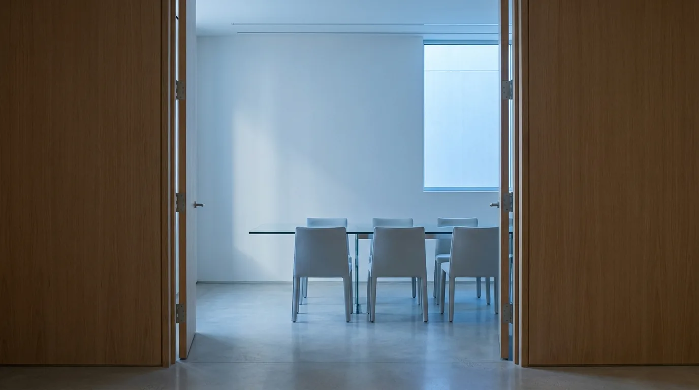 What a CPA costs in Michigan: an empty glass-topped meeting room seen through an open doorway in cold morning light