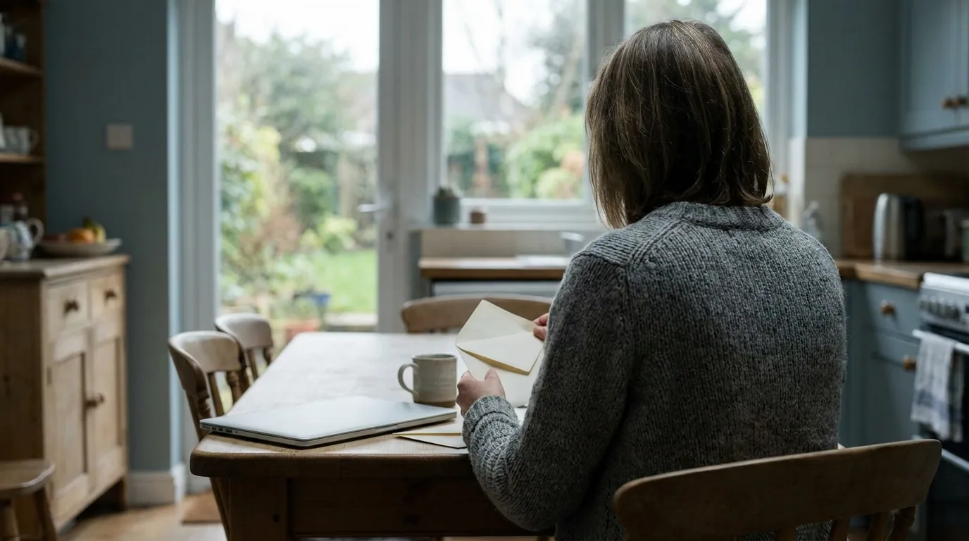 CPA cost in Michigan: a person at a kitchen table opening mail beside a laptop