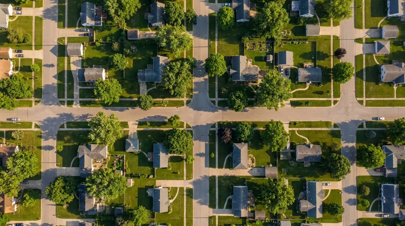 Grand Rapids city income tax boundaries: an overhead aerial view of a tree-lined Midwestern residential street grid
