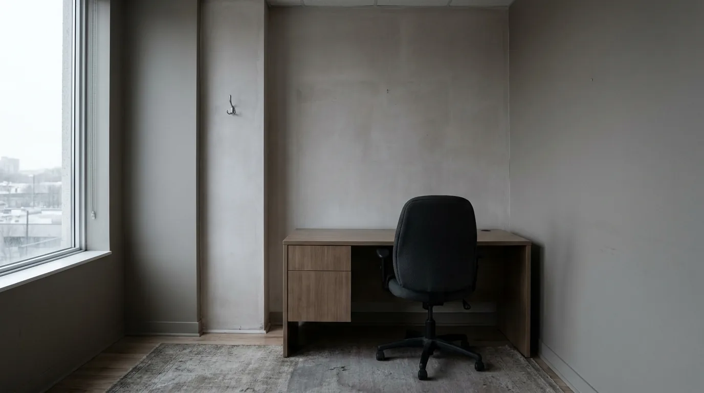 Comparing bookkeeping cost to hiring in house: an empty desk and unoccupied office chair beside a bare coat hook