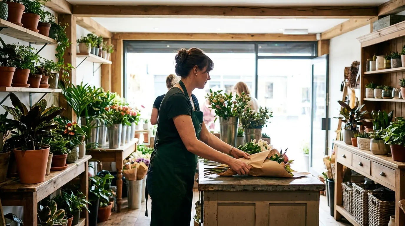 How much bookkeeping costs: a florist shop owner wrapping flowers at the counter