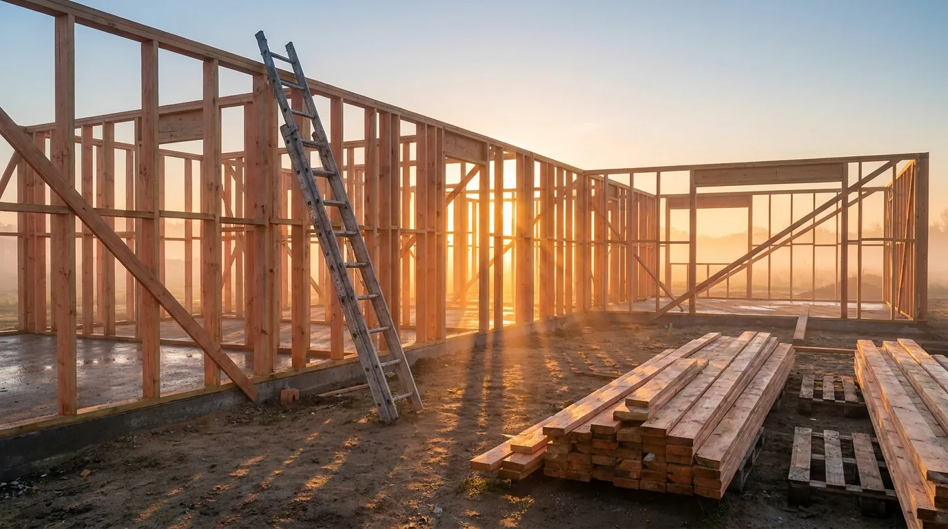 Michigan business tax for contractors: a timber-framed residential construction site at dawn with a ladder and no workers yet