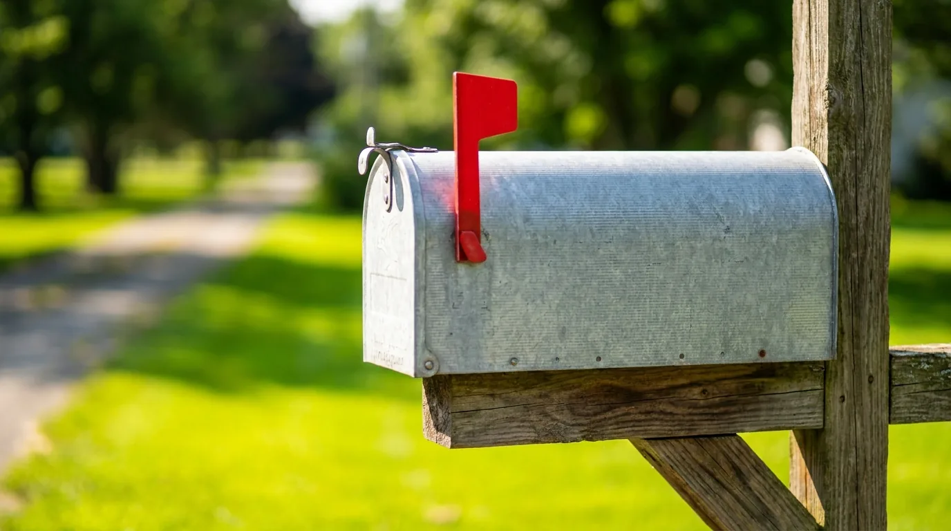 Claiming the Michigan homestead property tax credit: a suburban mailbox with its flag raised at the end of a driveway on a summer morning