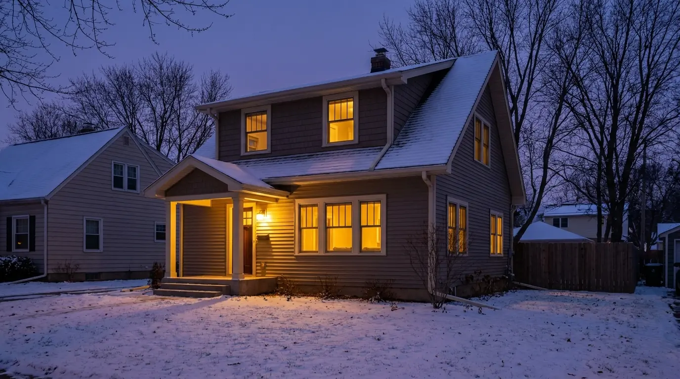 Michigan homestead property tax credit: a two-storey Michigan home at winter dusk with lit windows