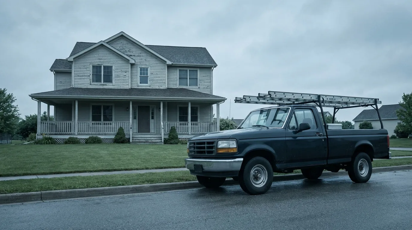 Michigan income tax calculator worked example: a contractor's pickup truck with roof-rack ladders parked at a residential kerb