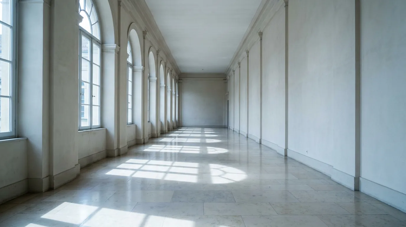 Michigan income tax rate exemptions: a long empty civic building corridor with tall windows casting rectangles of light on the floor