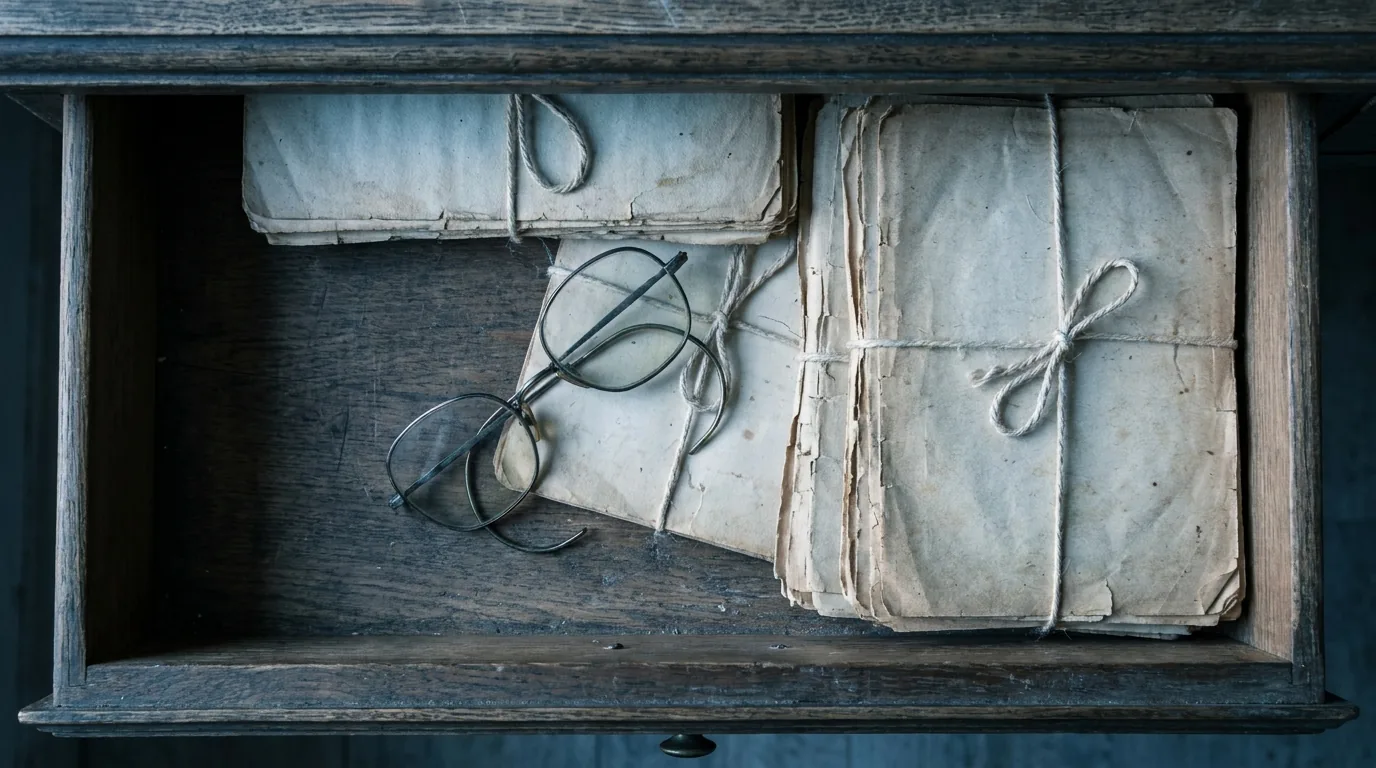 Michigan inheritance tax and the step-up in basis: an open desk drawer holding bundled papers tied with string beside reading glasses