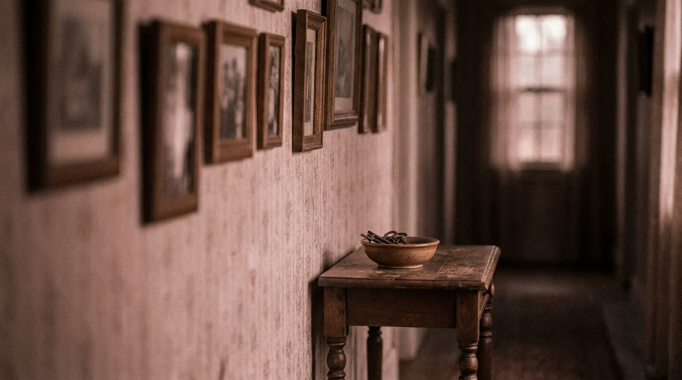 Michigan inheritance tax: the hallway of a family home with framed photographs and a bowl of keys