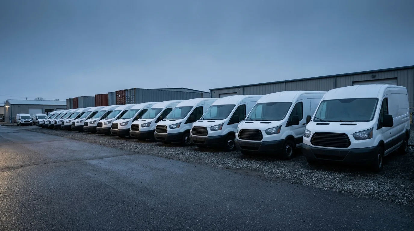 Michigan LLC tax and the S corporation election: a line of small business delivery vans parked in a lot at first light