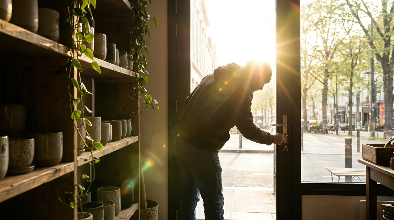 Michigan LLC tax: a shop owner unlocking the door of a small store at opening time