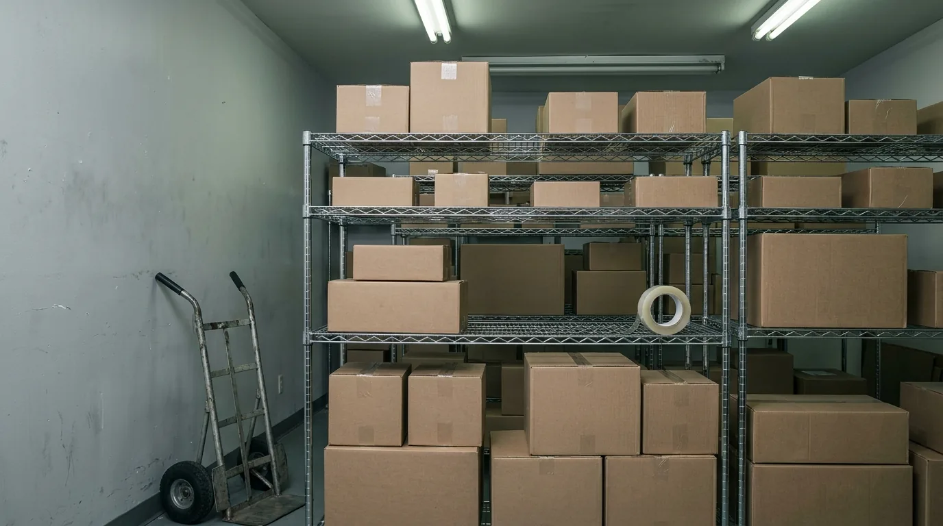 Filing a Michigan sales tax return: unmarked cardboard cartons stacked on wire shelving beside a hand truck in a shop back room