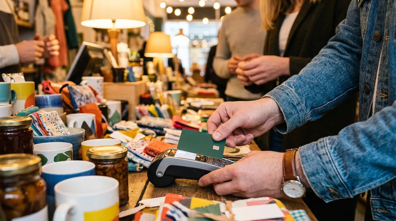 Michigan sales tax: a customer tapping a card on a payment terminal at a shop counter