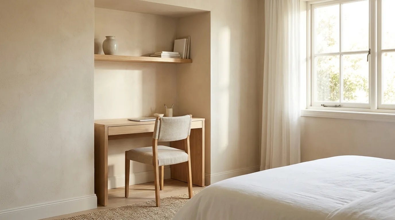 Home office on the small business tax deductions checklist: a desk, chair and shelf set into an alcove in a bright bedroom