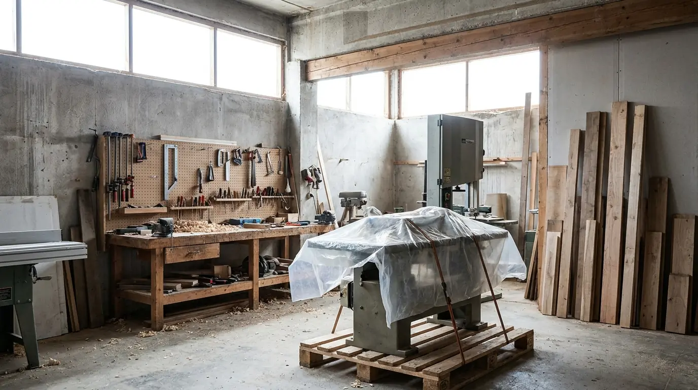Section 179 equipment deduction: a newly delivered machine wrapped on a pallet in a small woodworking workshop