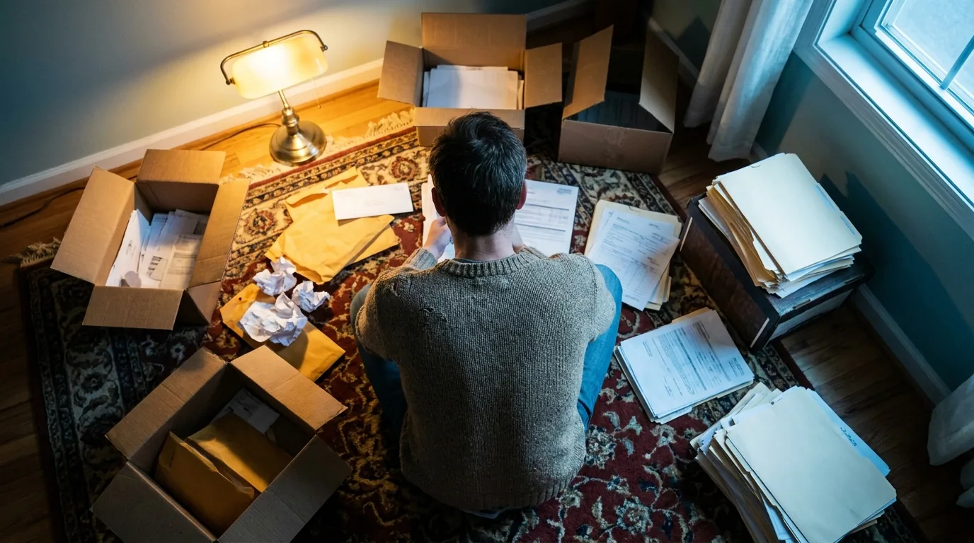Small business tax deductions in practice: a business owner sorting receipts and paperwork among document boxes on a home office floor