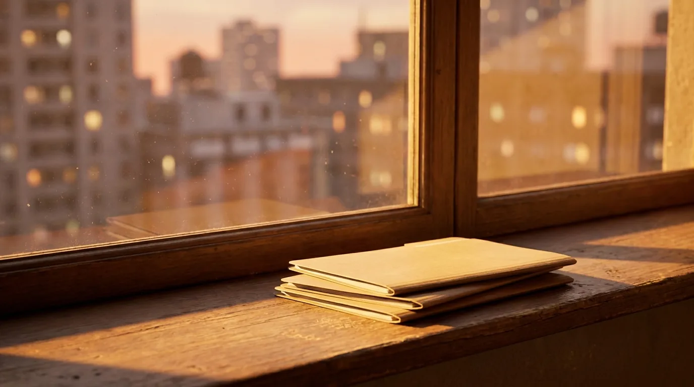 What a CPA does year round: a stack of closed folders on a sunlit office window sill above a city view